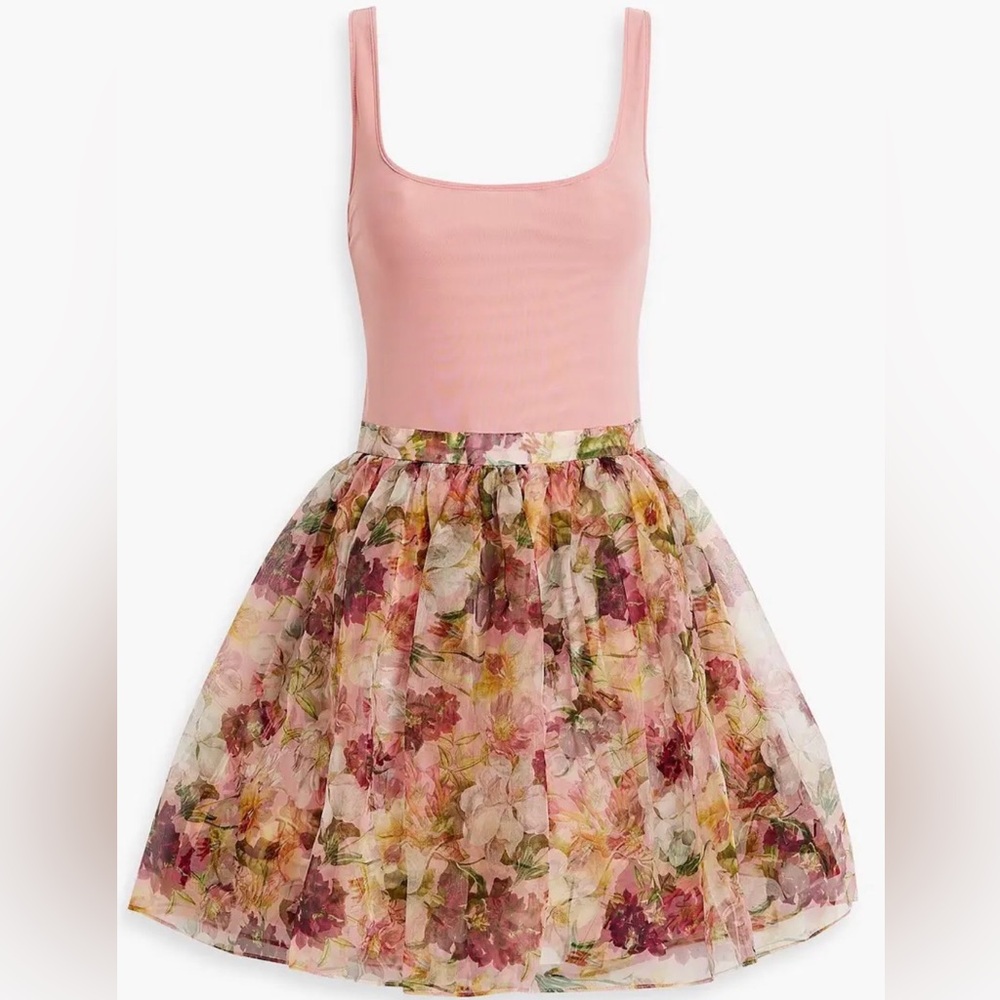 ALICE + OLIVIA Chara Stretch Mesh-Paneled Floral Print Silk Organza Mini